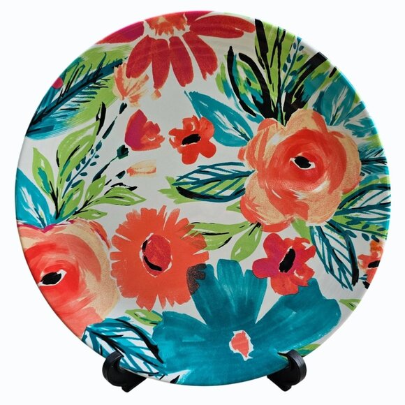 Nicole Miller Floral Melamine 11" Dinner Plate Pair Turquoise, Orange EUC - Picture 2 of 11